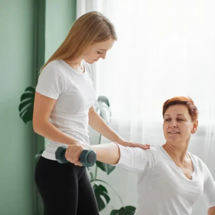 A physical therapist assists an older woman with a shoulder exercise using a light dumbbell.