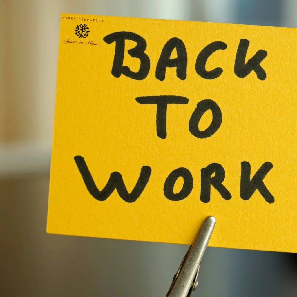 A yellow note with "BACK TO WORK" written in black capital letters.