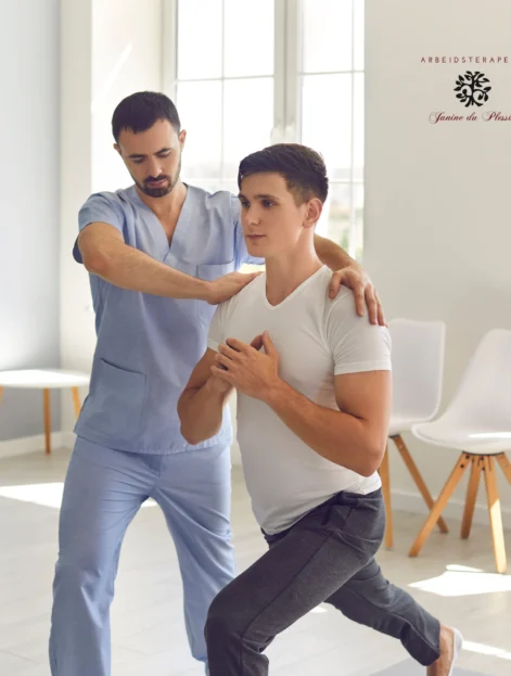 A male occupational therapist guiding a male patient through a lunge exercise.