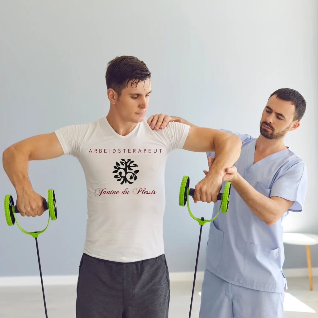 A male occupational therapist assists a male patient performing arm exercises with resistance bands.